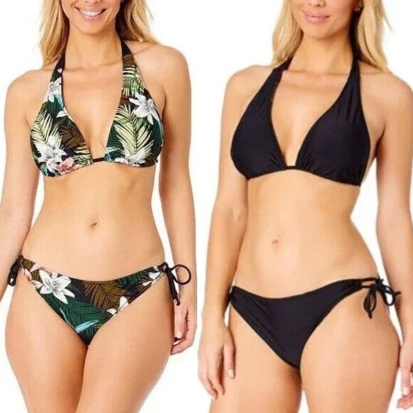 NEW Hurley Women's XL Reversible Bikini 2pc Set Black Tropical Floral Adjustable - Picture 1 of 16